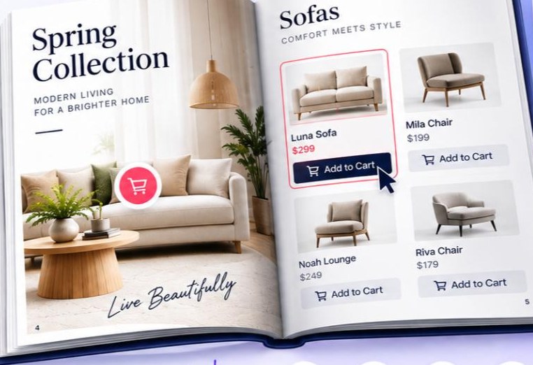 Step three: an open flipbook spread showing a furniture collection, with an Add to Cart button and price on each product.